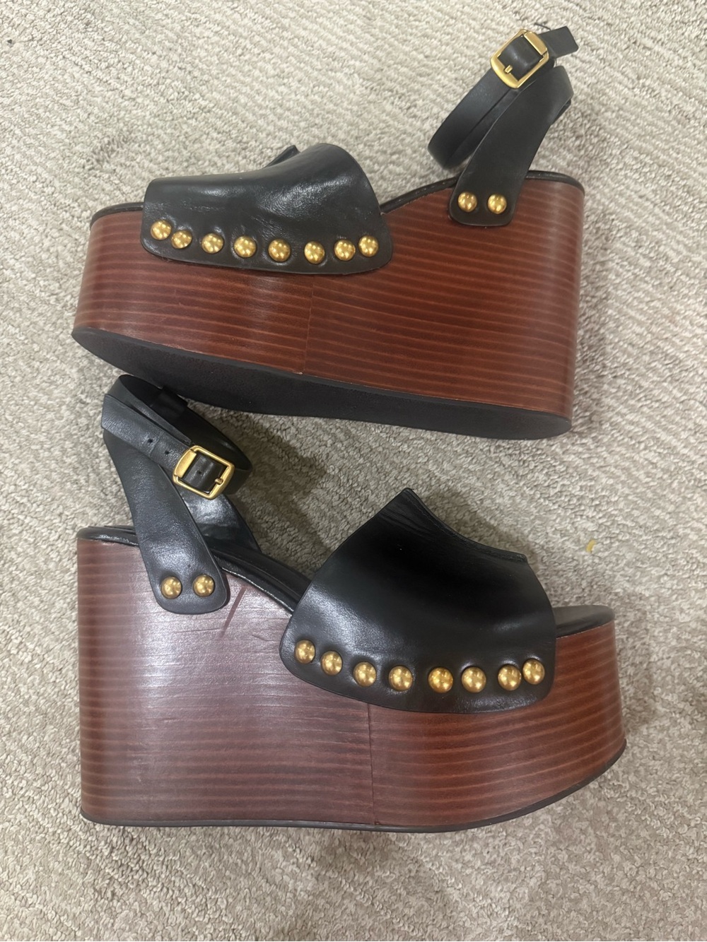 Zara Black Leather Platform Sandals with Brown Wood-Effect Sole and Gold Studs